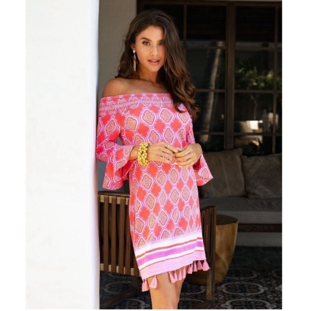 Cabana Life Coral Geo Off Shoulder SPF Dress XS - Picture 3 of 11